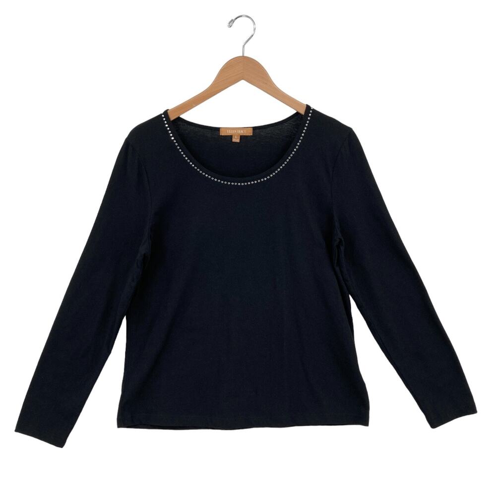 Ellen Tracy Shirt Top Women Large Black Solid Cotton Round Neck Studded Pullover